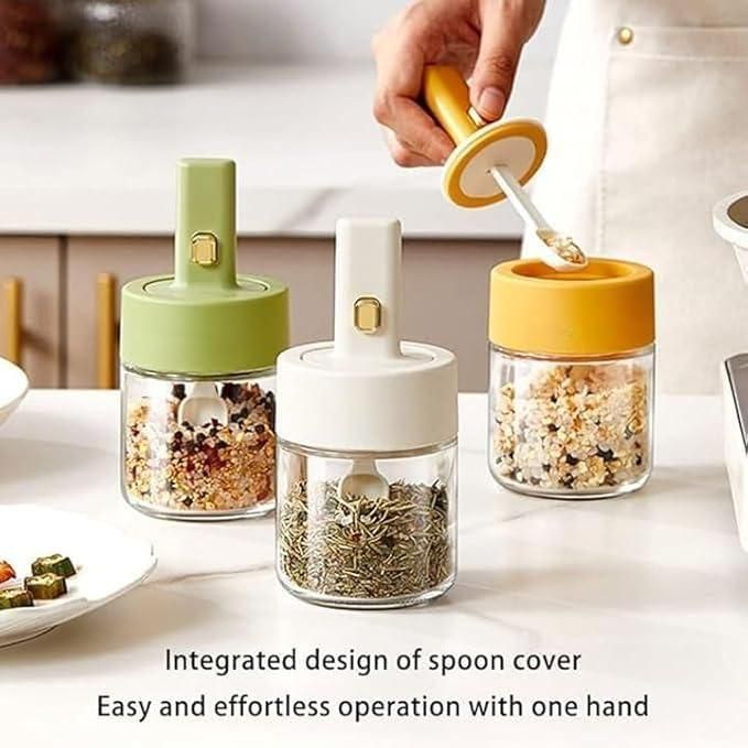 Luxury Glass Seasoning Tank – Airtight Spice Jar with Integrated Spoon & Lid